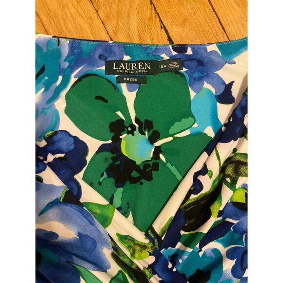 Lauren Ralph Lauren Blue Floral Flutter Sleeve Stretch Faux Wrap Dress Womens 18 - Picture 2 of 7